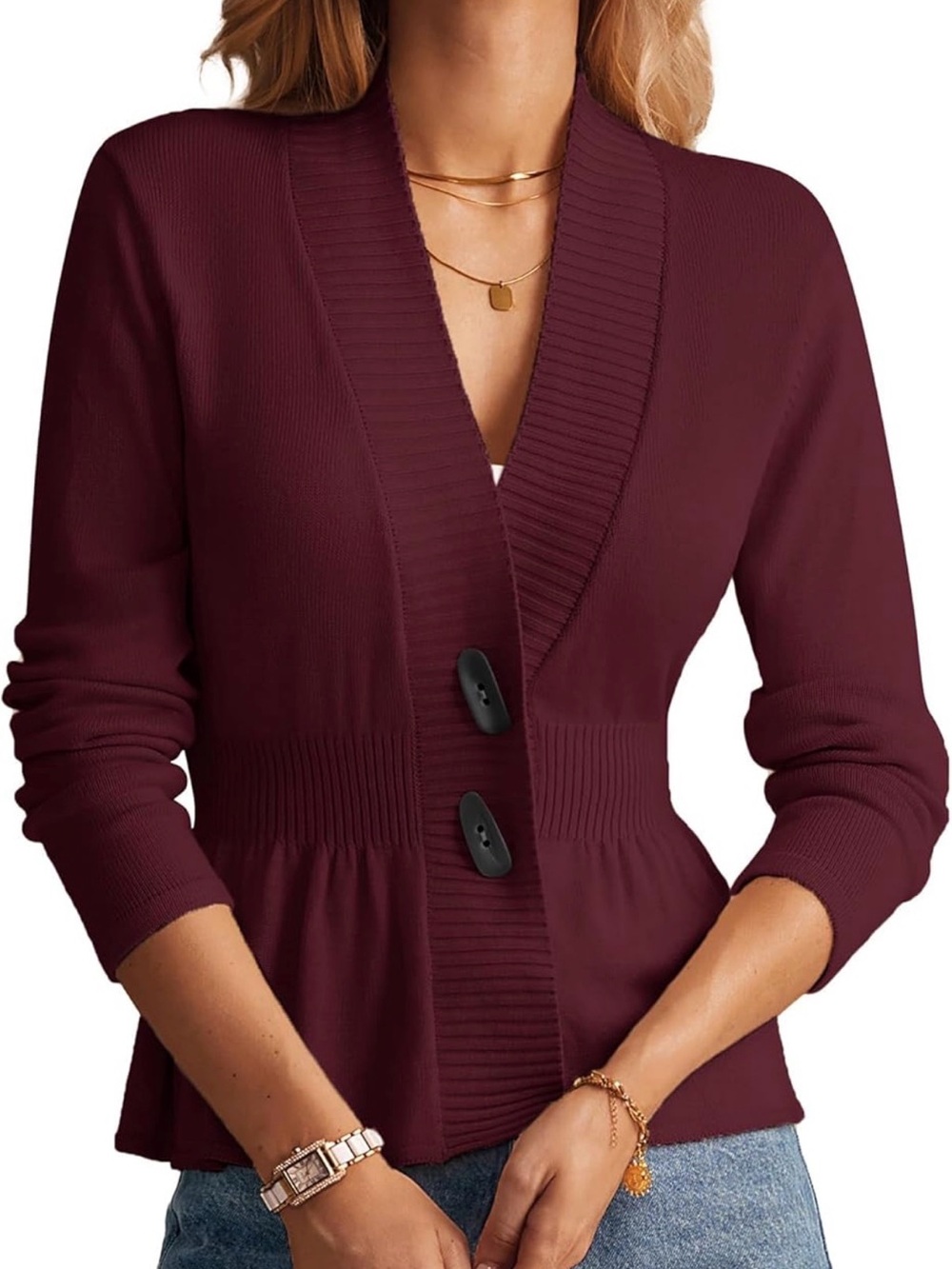 Grace Karin Burgundy V-Neck Buttoned Waist-Sculpt Cardigan